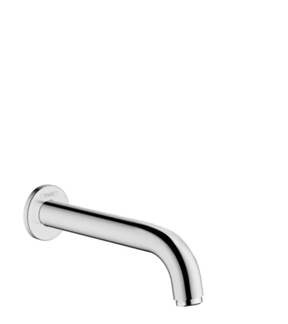 Chromfarbener Wasserhahn von Hansgrohe, mit gebogenen Auslauf, zur Wandmontage geeignet. Eignet sich für den Einsatz in Badezimmer und Wellnessbereichen.